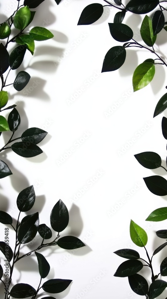Green leaves against white background creating a natural frame botanical design concept Green leaves against white background creating a natural frame botanical design concept