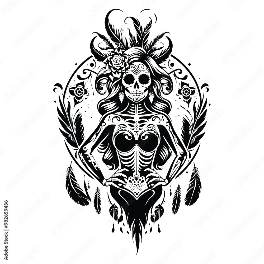 sugarskull female with bohemian decoration in black and white illustrations, cutout graphic sugarskull female with bohemian decoration in black and white illustrations, cutout graphic
