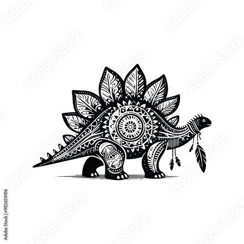 Stegosaurus with bohemian decoration decoration in black and white illustrations, cutout graphic