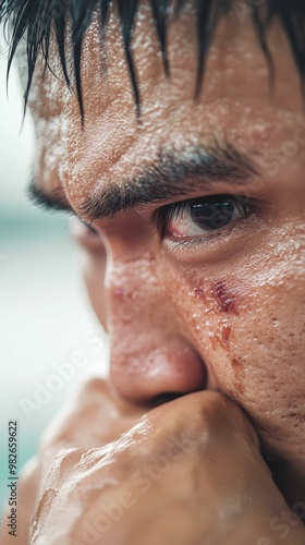 A closeup of a Muay Thai fighter s face, bruised and focused, capturing the intensity and resilience of the sport photo