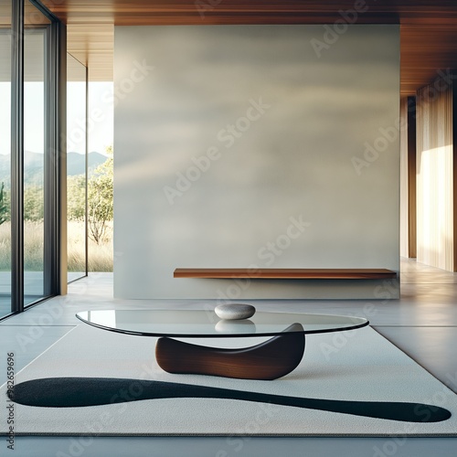 Minimalist interior with glass coffee table and large windows. Interior mockup with clean walls for pictures, posters, paintings, sculptures, and other wall art. photo