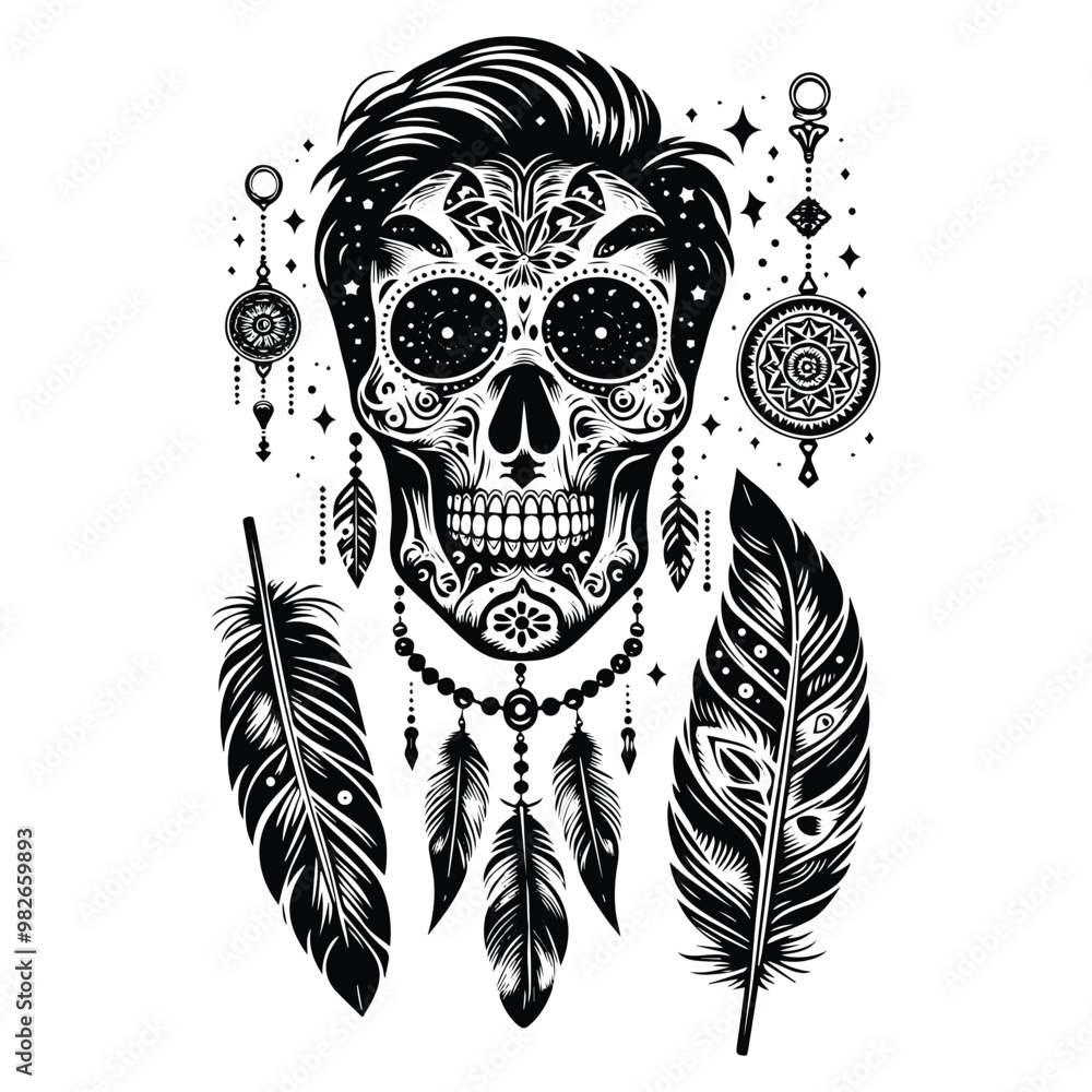 Fototapeta premium sugarskull male with bohemian decoration in black and white illustrations, cutout graphic