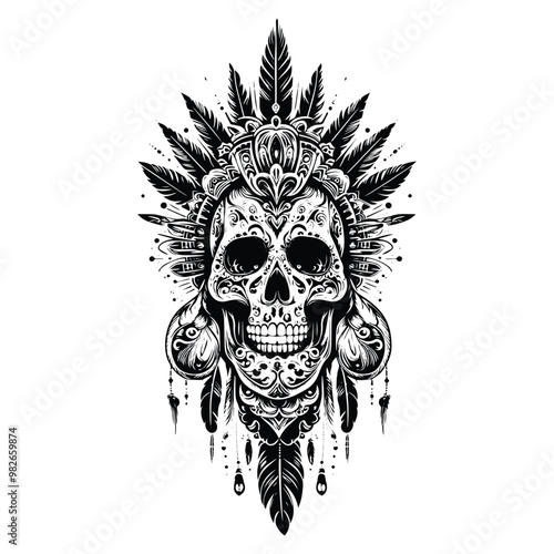 sugarskull male with bohemian decoration in black and white illustrations, cutout graphic