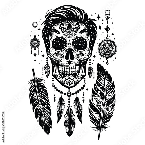 sugarskull male with bohemian decoration in black and white illustrations, cutout graphic