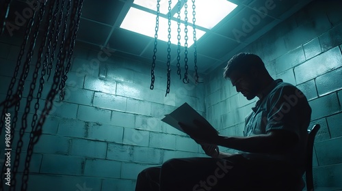 Cold and bleak interrogation room, chains on the wall under stark fluorescent light, the interrogator reviewing notes before grilling the suspect photo