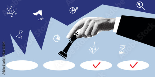 Collage design elements in trendy dotted pop art style. A hand holds a chess piece. Concept of strategic planning, goal achievement. Step to success and career development.
