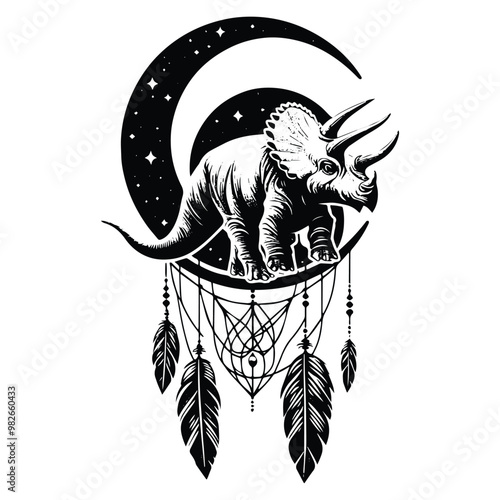 Triceratops with bohemian decoration in black and white illustrations, cutout graphic t