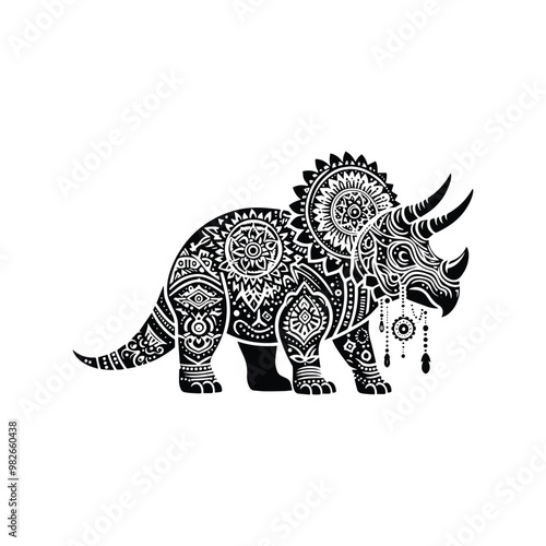 Triceratops with bohemian decoration decoration in black and white illustrations, cutout graphic