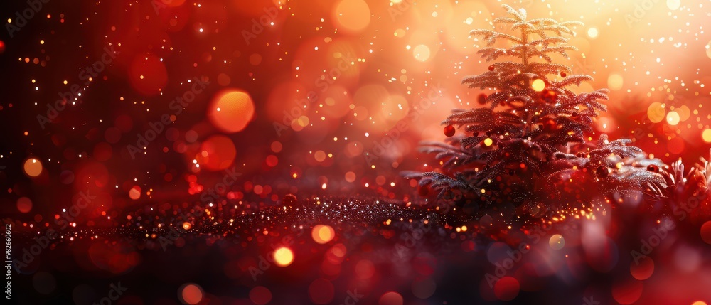 A glowing Christmas tree adorned with golden lights against a dreamy winter backdrop of bokeh sparkles. Free copy space for text. A glowing Christmas tree adorned with golden lights against a dreamy winter backdrop of bokeh sparkles. Free copy space for text.