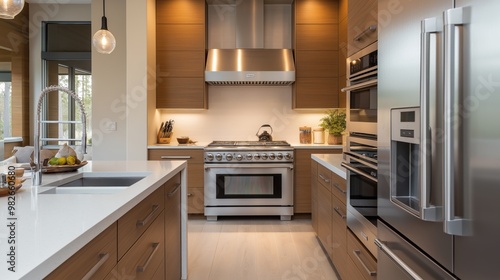 Kitchen with stainless steel appliances and clean countertops