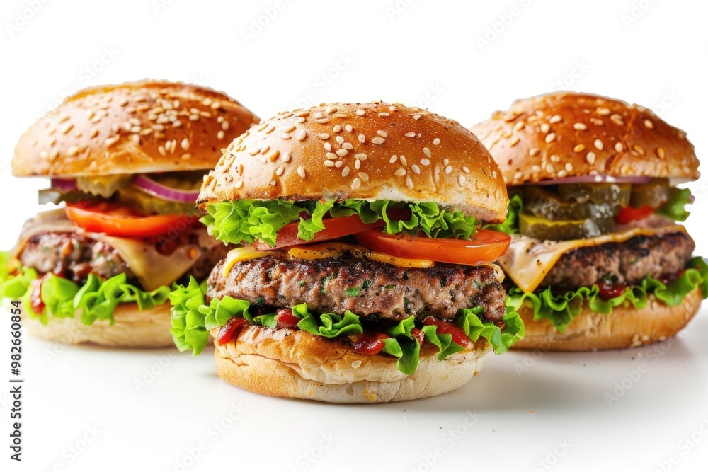 Three juicy hamburgers topped with crisp lettuce, ripe tomato, and melted cheese Three juicy hamburgers topped with crisp lettuce, ripe tomato, and melted cheese