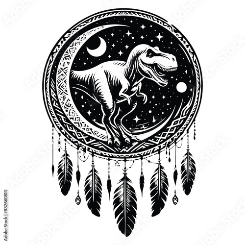 Tyrannosaurus rex with bohemian decoration in black and white illustrations, cutout graphic