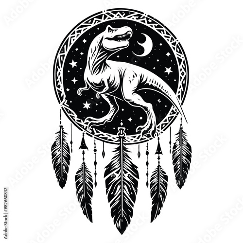 Tyrannosaurus rex with bohemian decoration in black and white illustrations, cutout graphic