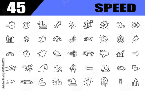 Speed and performance icon set. Containing fast, productivity. line art sign.