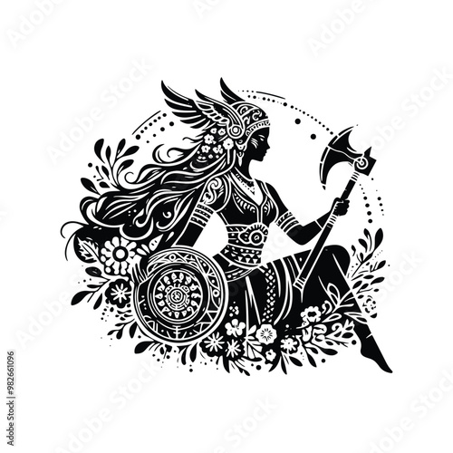 Valkyrie goddess with bohemian decoration decoration in black and white illustrations, cutout graphic