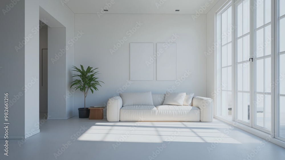 Fototapeta premium Minimalist living room with white sofa and large windows
