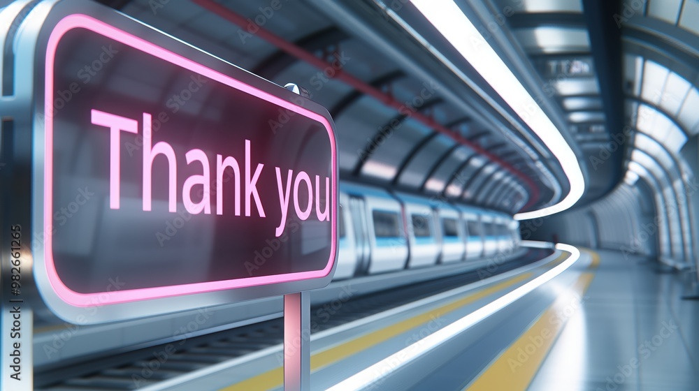 Futuristic subway station with neon thank you sign, empty platform, modern design, passengers, subway train, urban transportation, digital art Futuristic subway station with neon thank you sign, empty platform, modern design, passengers, subway train, urban transportation, digital art