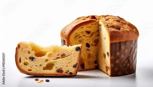 A detached slice of a panettone isolated on white background. Closeup image.
