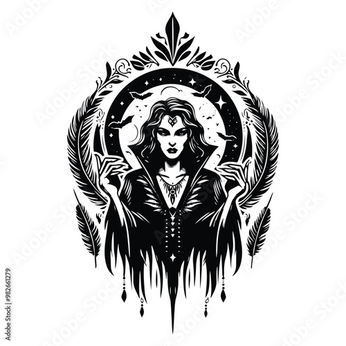 vampire female with bohemian decoration in black and white illustrations, cutout graphic