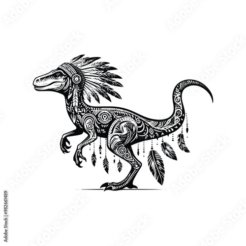 Velociraptor with bohemian decoration decoration in black and white illustrations, cutout graphic