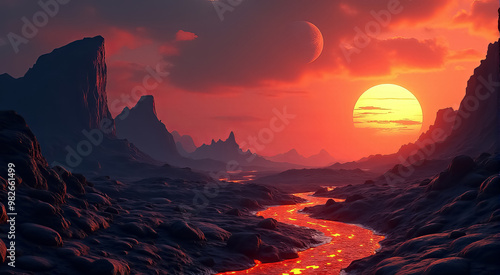 Lava river flows through rugged landscape under a mesmerizing sunset and distant planetary bodies in a vivid extraterrestrial environment