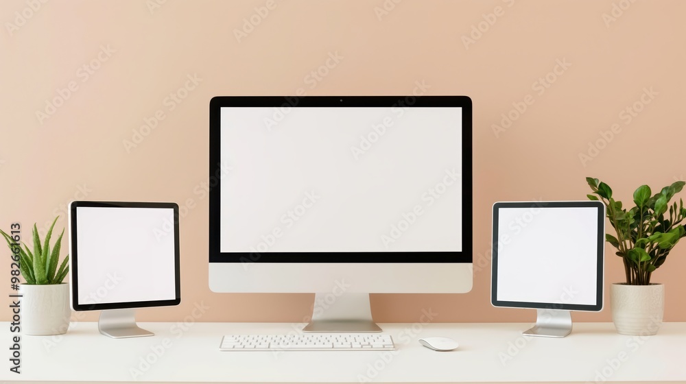 Modern workspace with computer, tablet, and plants on a white desk, beige background. Perfect for tech, productivity, or home office themes. Modern workspace with computer, tablet, and plants on a white desk, beige background. Perfect for tech, productivity, or home office themes.