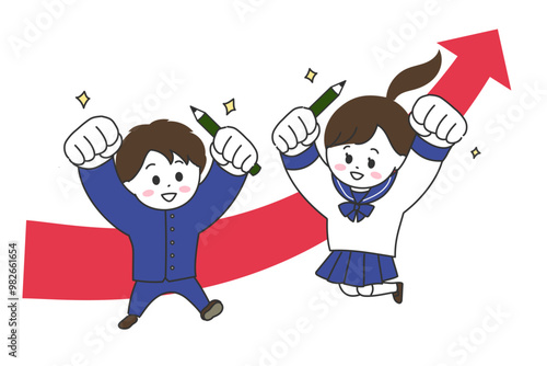 上昇する矢印とセーラ服の男女　学力UP