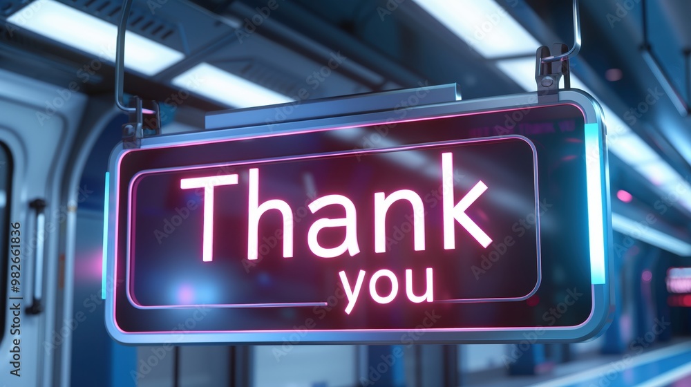 Neon 'Thank You' sign in futuristic subway setting. Blue tones create a modern and appreciative atmosphere. Neon 'Thank You' sign in futuristic subway setting. Blue tones create a modern and appreciative atmosphere.