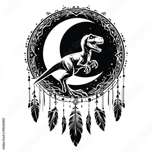Velociraptor with bohemian decoration in black and white illustrations, cutout graphic a