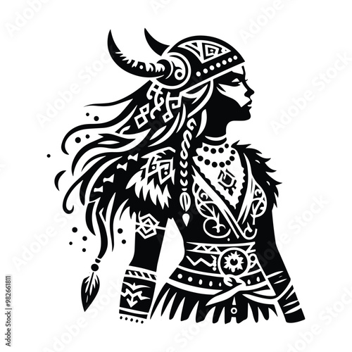 viking female with bohemian decoration decoration in black and white illustrations, cutout graphic