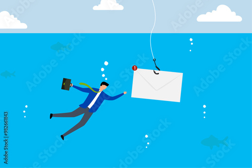 Phishing email, Avaricious entrepreneur submerging to retrieve email envelope using fishing hook.