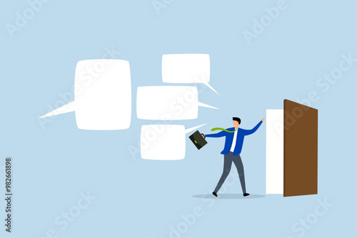 Exit interview, Businessman employee who had quit was at the door, having a conversation with someone before leaving.