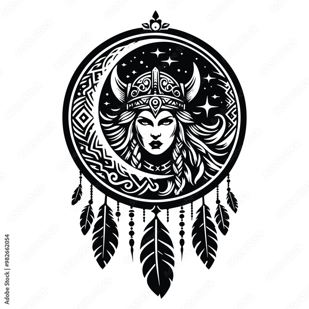 Fototapeta premium viking female with bohemian decoration in black and white illustrations, cutout graphic