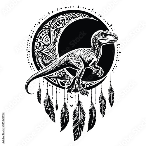 Velociraptor with bohemian decoration in black and white illustrations, cutout graphic a