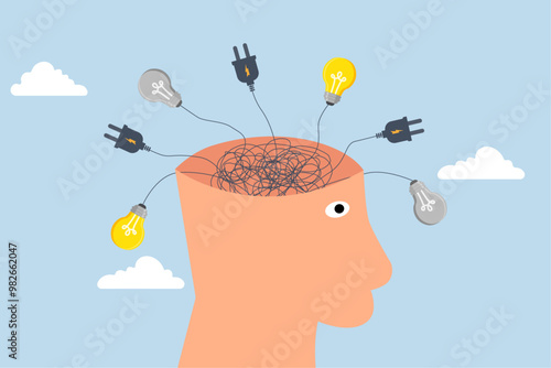 Overthinking, jumbled electrical cord and lightbulb ideas on a human head.