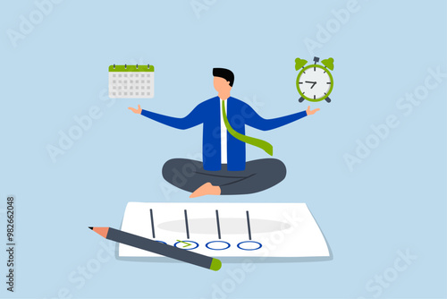self control to complete work, Businessman finds peace in meditation while juggling between time and deadlines on a paper filled with completed tasks.