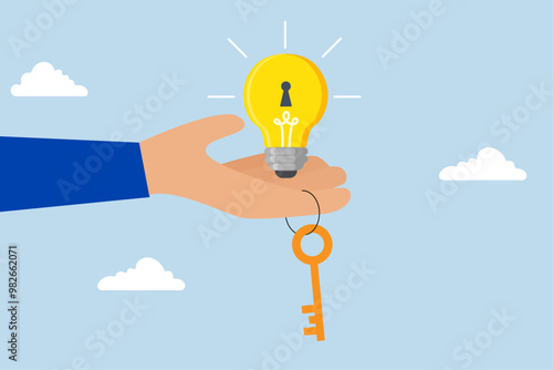 Key to success, Businessman is handing a bright lightbulb idea with a keyhole and a golden key to unlock it.