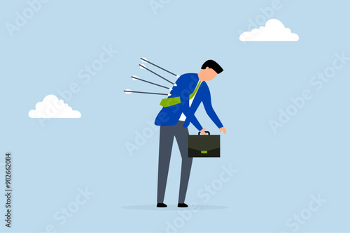 Victim from business betrayal, tired businessman with a heavy burden on his back, feeling down and drained