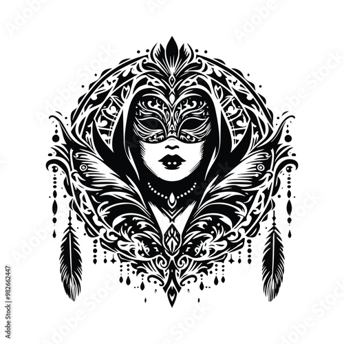 villain queen inside bohemian decoration in black and white illustrations, cutout graphic