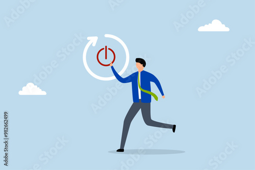 Time to reboot business, businessman cautiously extends his finger to push the reboot or restart button.