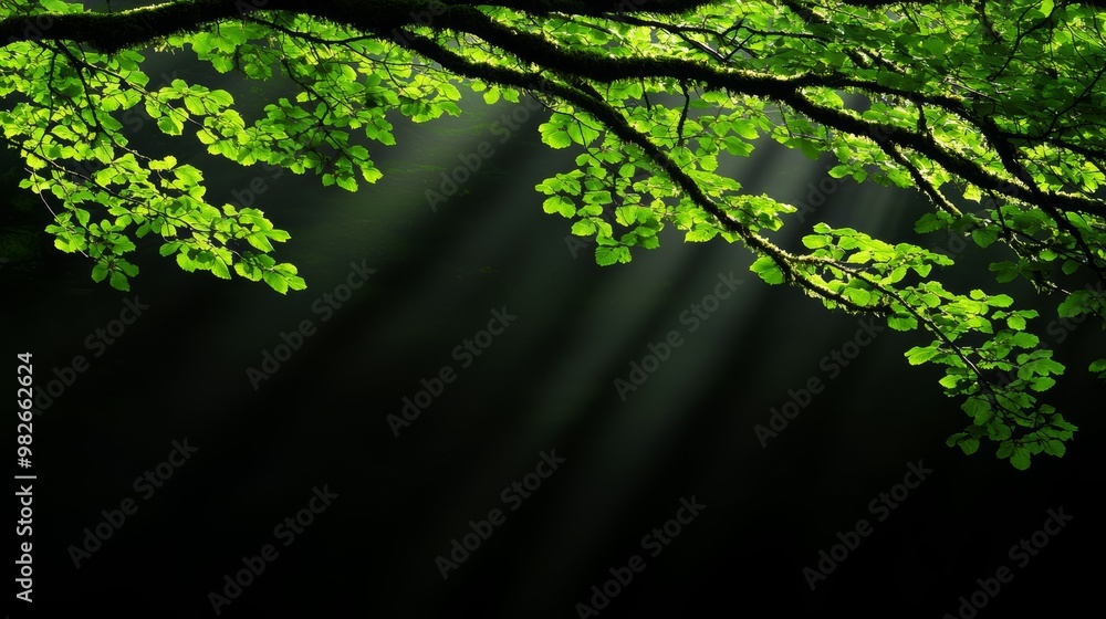 Fototapeta premium Sunlight filters through lush green leaves, creating a serene and peaceful atmosphere in this natural setting.