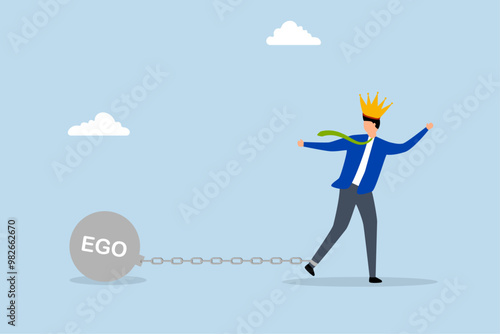 Ego burden, businessman carries the heavy burden of ego while wearing a king's crown and chain.