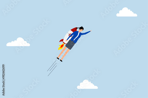 Success booster, Female entrepreneur riding a rocket booster or jetpack engine.
