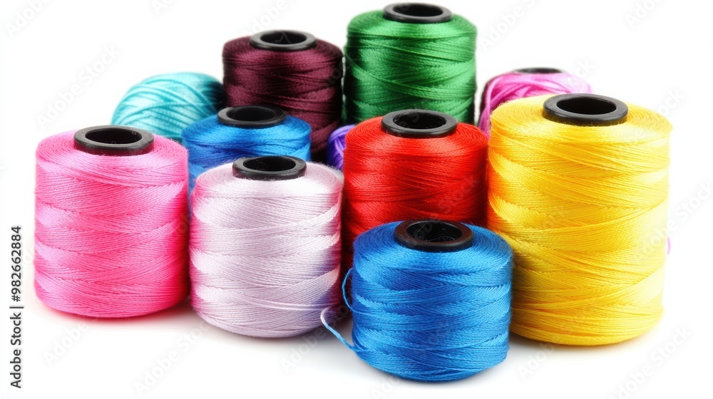 A vibrant display of sewing threads in an array of bright colors, arranged randomly on a white background, evoking a sense of creativity A vibrant display of sewing threads in an array of bright colors, arranged randomly on a white background, evoking a sense of creativity