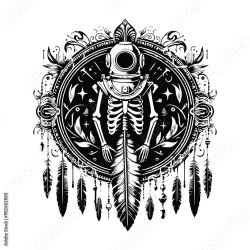 vintage diving suit skeleton with bohemian decoration in black and white illustrations, cutout graphic i