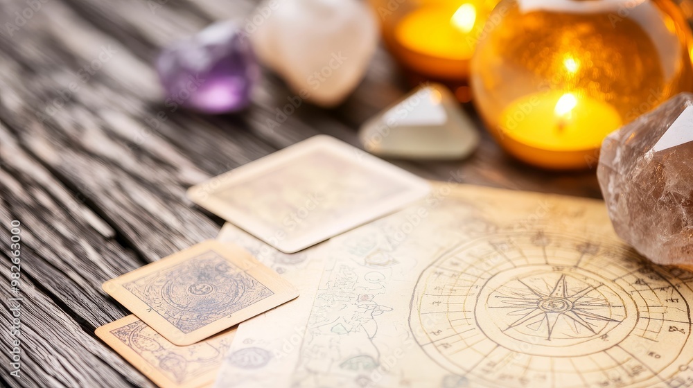 A detailed horoscope chart spread out on a table with tarot cards, crystals, and candles, creating a mystical and introspective atmosphere A detailed horoscope chart spread out on a table with tarot cards, crystals, and candles, creating a mystical and introspective atmosphere