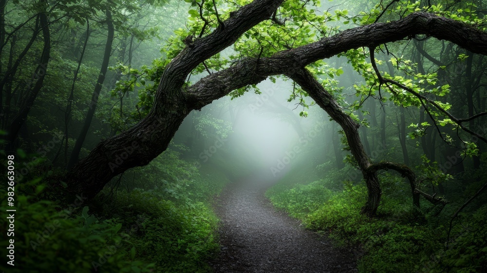 Fototapeta premium A serene forest path framed by the organic shapes of twisted tree branches and soft green foliage, evoking a sense of natural harmony and peace.
