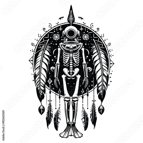 vintage diving suit skeleton with bohemian decoration in black and white illustrations, cutout graphic