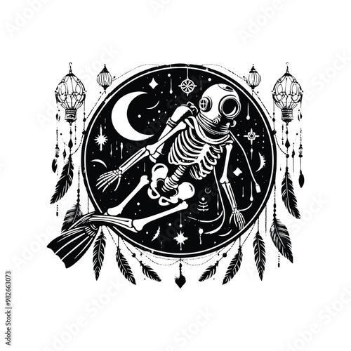 vintage diving suit skeleton with bohemian decoration in black and white illustrations, cutout graphic i