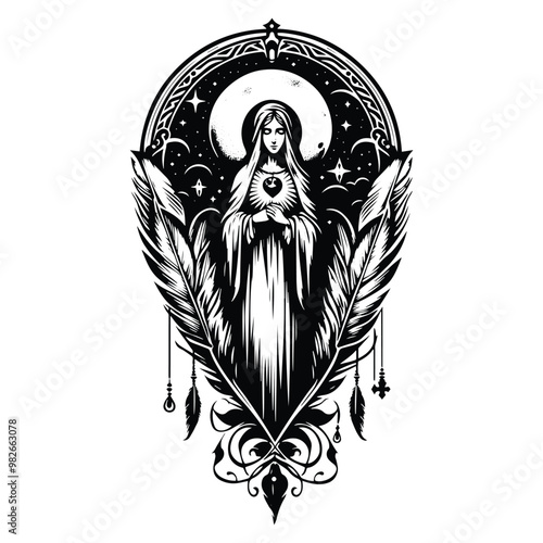 virgin marry with bohemian decoration in black and white illustrations, cutout graphic